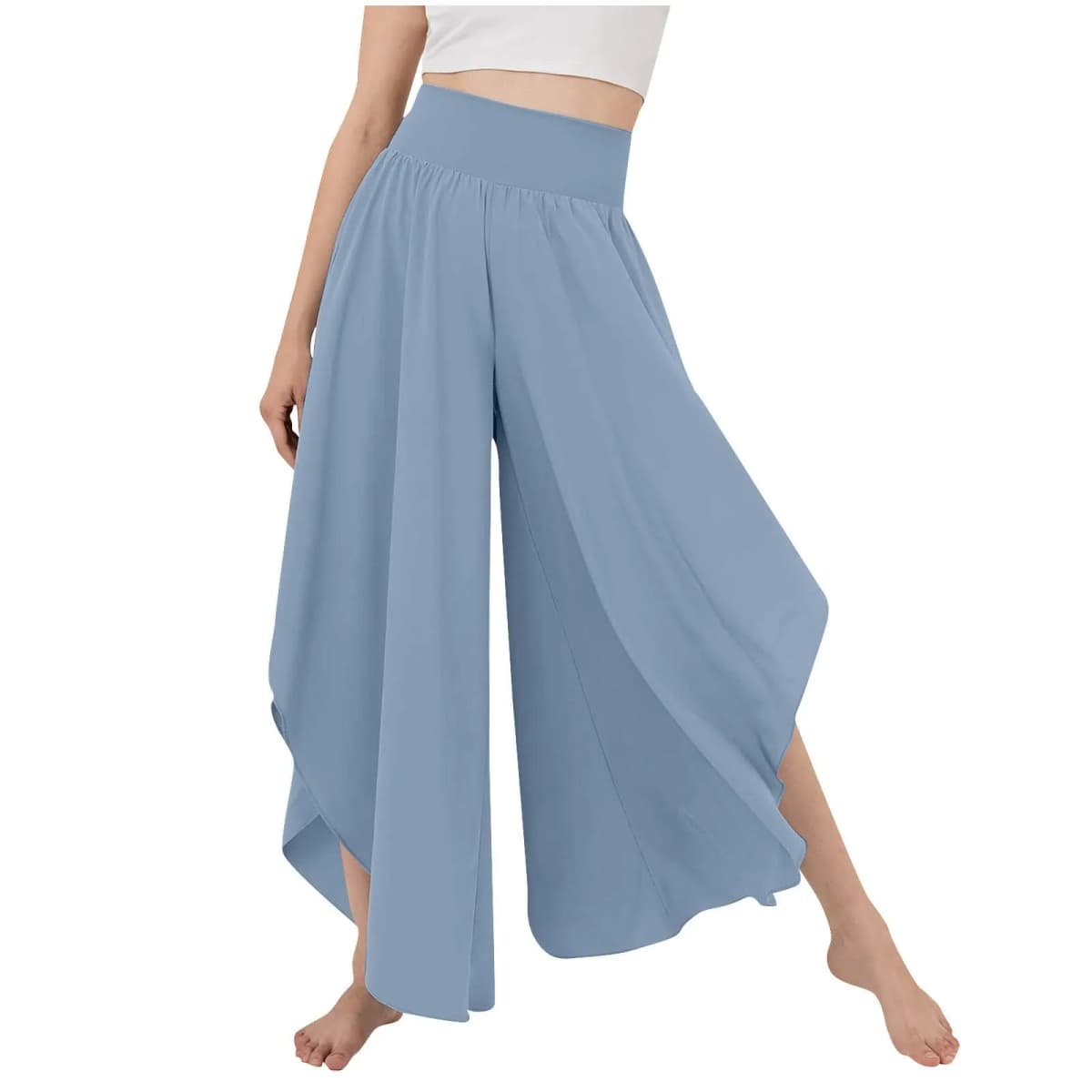 Women's Flowy Large Size Palazzo Pants Irregular Hem High Waist Casual Cropped Pants Summer Lightweight Elastic Beach Pants