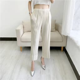Miyake Pleated Straight Leg Pants, Women's Elastic Waist Cropped Pants, Casual and Versatile Small Leg Pants