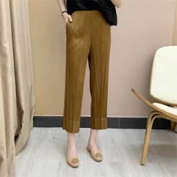 Miyake Pleated Straight Leg Pants, Women's Elastic Waist Cropped Pants, Casual and Versatile Small Leg Pants