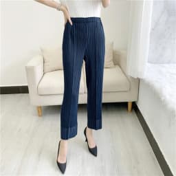 Miyake Pleated Straight Leg Pants, Women's Elastic Waist Cropped Pants, Casual and Versatile Small Leg Pants