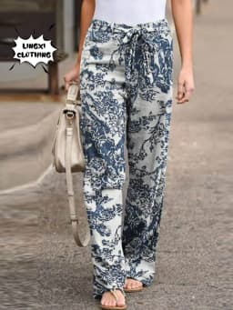 2023 New Summer Fashion Casual Simple Comfortable Elastic Waist Cotton Hemp Large Size Printed High Waist Wide Leg Pants