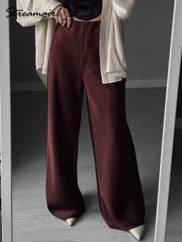 Women Straight Leg Satin Pants For Summer Elastic Waist Black Silk Trousers Luxury Office Wears For Ladies Wide Leg Pants Satin