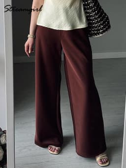 Women Straight Leg Satin Pants For Summer Elastic Waist Black Silk Trousers Luxury Office Wears For Ladies Wide Leg Pants Satin