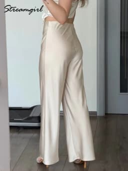 Women Straight Leg Satin Pants For Summer Elastic Waist Black Silk Trousers Luxury Office Wears For Ladies Wide Leg Pants Satin