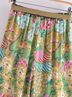 Vintage Chic Women Peacock Floral Print Bohemian Wide Leg Pants Lady Elastic Waist Loose Rayon Boho Long Pants Oversize Trousers