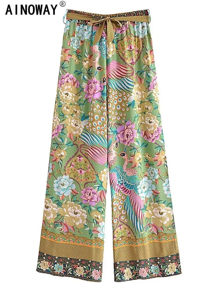 Vintage Chic Women Peacock Floral Print Bohemian Wide Leg Pants Lady Elastic Waist Loose Rayon Boho Long Pants Oversize Trousers