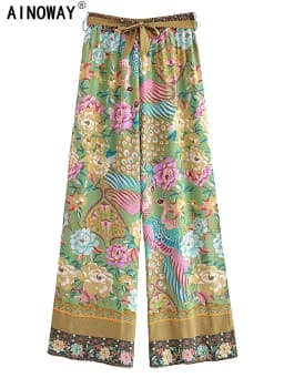 Vintage Chic Women Peacock Floral Print Bohemian Wide Leg Pants Lady Elastic Waist Loose Rayon Boho Long Pants Oversize Trousers