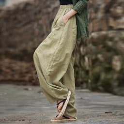 Johnature Women Vintage Ramie Wide Leg Pants Solid Color Elastic Waist Trouser 2025 New Spring Patchwork Loose Women Pants