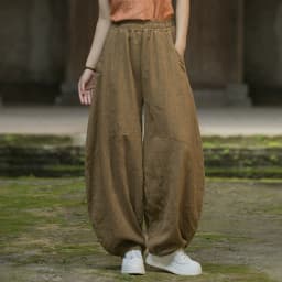 Johnature Women Vintage Ramie Wide Leg Pants Solid Color Elastic Waist Trouser 2025 New Spring Patchwork Loose Women Pants