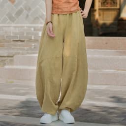 Johnature Women Vintage Ramie Wide Leg Pants Solid Color Elastic Waist Trouser 2025 New Spring Patchwork Loose Women Pants