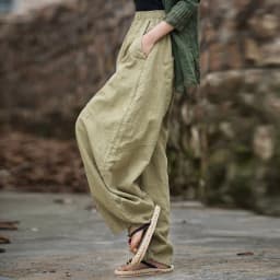 Johnature Women Vintage Ramie Wide Leg Pants Solid Color Elastic Waist Trouser 2025 New Spring Patchwork Loose Women Pants