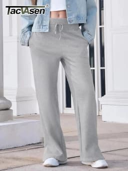 TACVASEN Womens Fashion Causal Wide Leg Pants Soft Baggy Slit Loose Fit Sweatpants Elastic Waist Drawstring Trousers Streetwear