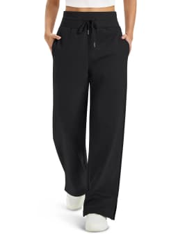 TACVASEN Womens Fashion Causal Wide Leg Pants Soft Baggy Slit Loose Fit Sweatpants Elastic Waist Drawstring Trousers Streetwear