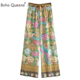 Boho Queens Women Peacock Floral Print Bohemian Wide Leg Pants Lady Elastic Waist Loose Rayon Boho Long Pant  Oversize Trousers