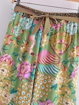 Boho Queens Women Peacock Floral Print Bohemian Wide Leg Pants Lady Elastic Waist Loose Rayon Boho Long Pant  Oversize Trousers