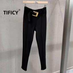 High Street Pants Women's High Waisted Slimming Black Casual Pants Metal Buckle Decoration Hanging Elastic Slim Fit Pants