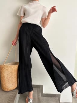 Miyake Pleated Mesh Spliced Casual Pants Women Korean Fashion Designer Elastic Waist Cropped Straight Wide Leg Pants