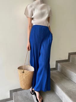 Miyake Pleated Mesh Spliced Casual Pants Women Korean Fashion Designer Elastic Waist Cropped Straight Wide Leg Pants
