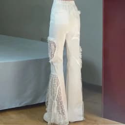 High Waist Flare Pants Women Fairycore Lace Sexy Cut Out Graphic Sense Spliced Pocket Lacework Elastic Waists Wide Leg Pant