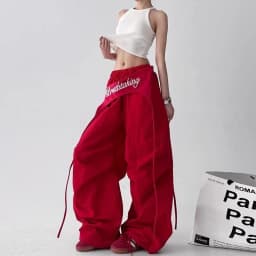 Y2K Red Patchwork Parachute Chic Pants Women Autumn Loose Streetwear Wide Leg Pants Female Hip Hop All Match Straight Trousers