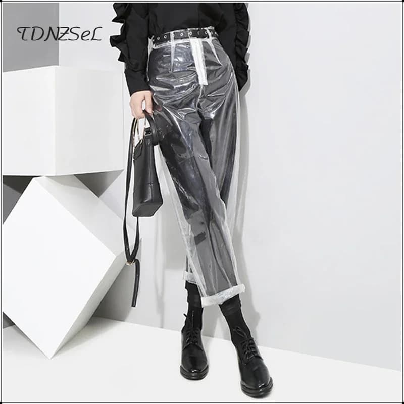 Sexy Loose PVC Transparent Pants Women Fashion See Through Trousers Autumn Winter Straight Ankle-length Capris Pants New Custom