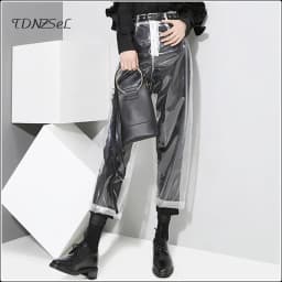 Sexy Loose PVC Transparent Pants Women Fashion See Through Trousers Autumn Winter Straight Ankle-length Capris Pants New Custom