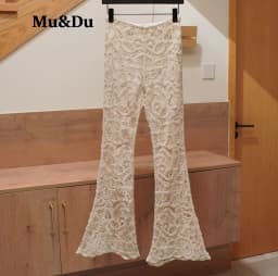 Sexy Beach Vacation Long Pants Hollow out See through Bell Bottoms Romantic Spicy Girl off Hook Flower Lace Design Flared Pant