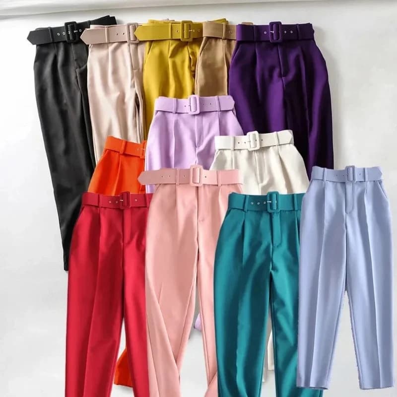 New In Women's Buttons 2026 Spring Autumn High Waist Casual Yellow Pants With Belt
