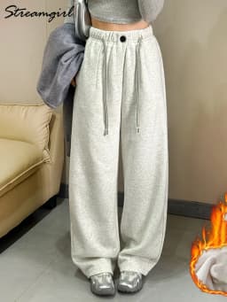 Thick Fleece Sweatpants Women Winter Warm Long Wide Leg Trousers High Waist Loose Gray Sweatpants Women Warm Pants For Winter