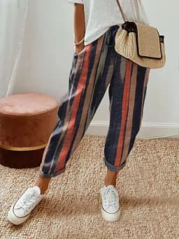 Women Summer Spring Midi Cotton Line Ruffles Vintage Big Large Plus Sizes Casual Party Fashion Loose Strip Pocket Pant