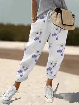 Women Summer Spring Midi Cotton Line Ruffles Vintage Big Large Plus Sizes Casual Party Fashion Loose Strip Pocket Pant