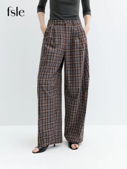 FSLE 2026 Fall Women's Chic High Waist Cotton Plaid Wide Leg Dress Pants - Relaxed Fit Casual Trousers for Daily Wear Style