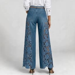 Denim Pant Women Jeans Vintage Wide Leg Long Pants High Waist Trousers Y2k Streetwear Elegant Work Lace Hollow Out Sexy Casual