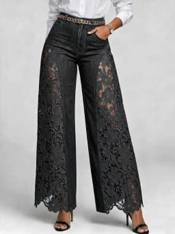 Denim Pant Women Jeans Vintage Wide Leg Long Pants High Waist Trousers Y2k Streetwear Elegant Work Lace Hollow Out Sexy Casual