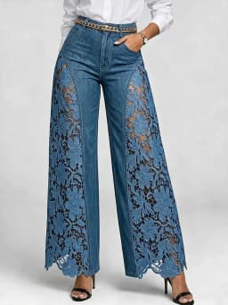 Denim Pant Women Jeans Vintage Wide Leg Long Pants High Waist Trousers Y2k Streetwear Elegant Work Lace Hollow Out Sexy Casual