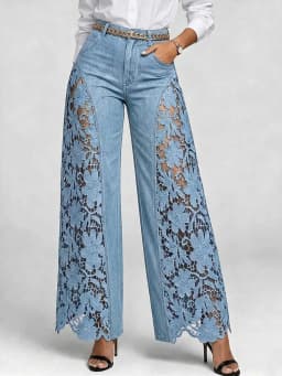 Denim Pant Women Jeans Vintage Wide Leg Long Pants High Waist Trousers Y2k Streetwear Elegant Work Lace Hollow Out Sexy Casual