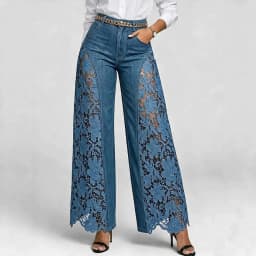 Denim Pant Women Jeans Vintage Wide Leg Long Pants High Waist Trousers Y2k Streetwear Elegant Work Lace Hollow Out Sexy Casual