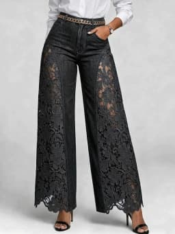 Denim Pant Women Jeans Vintage Wide Leg Long Pants High Waist Trousers Y2k Streetwear Elegant Work Lace Hollow Out Sexy Casual