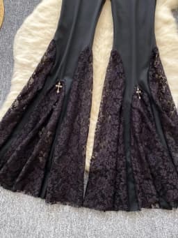 Women Streetwear Black Long Pants Spring Autumn High Waisted Lace Mesh Spliced Flared Pants Female Vintage Pants