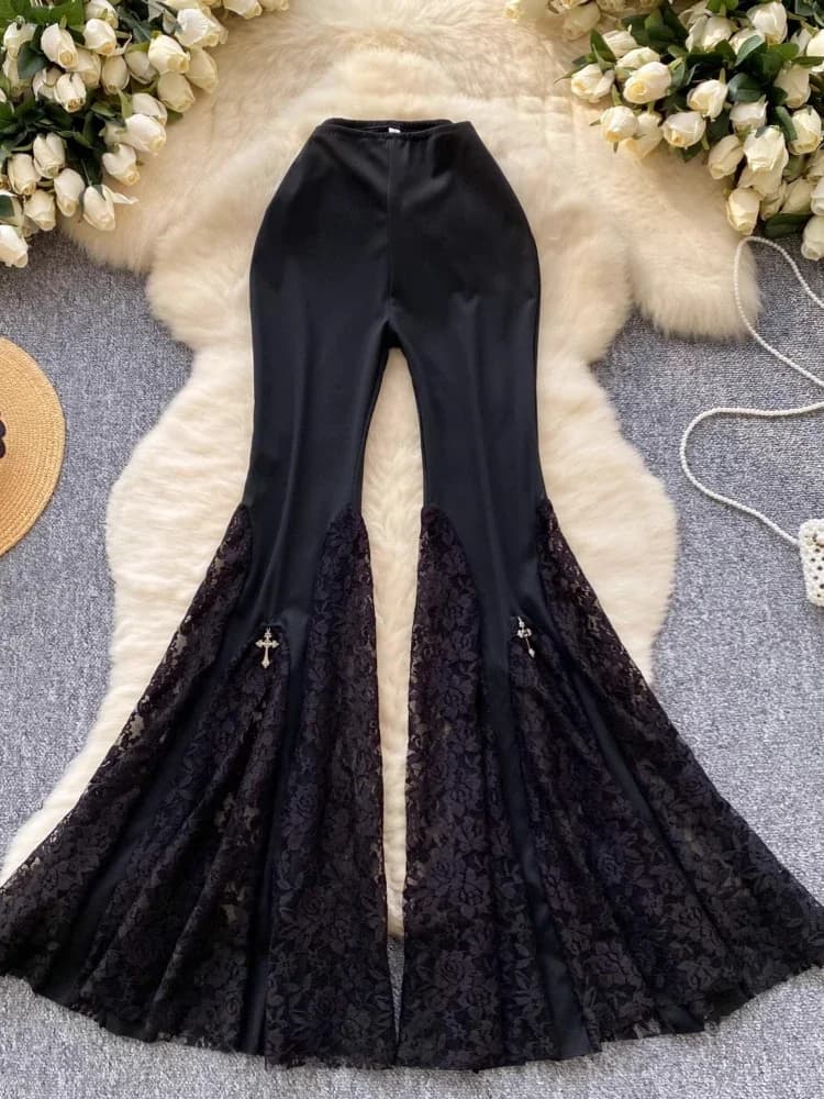 Women Streetwear Black Long Pants Spring Autumn High Waisted Lace Mesh Spliced Flared Pants Female Vintage Pants