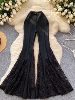 Women Streetwear Black Long Pants Spring Autumn High Waisted Lace Mesh Spliced Flared Pants Female Vintage Pants