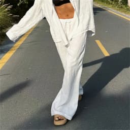 Casual Oversized White Solid Wide Leg Pants Fashion Women Elastic High Waist Pocket Baggy Sweatpant Office Lady Commute Trousers