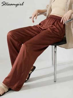 Luxury Wide Leg Satin Pants For Women Trousers With Pockets Black Women's Pants And Trousers Brown High Waist Baggy For Ladies