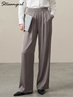 Luxury Wide Leg Satin Pants For Women Trousers With Pockets Black Women's Pants And Trousers Brown High Waist Baggy For Ladies