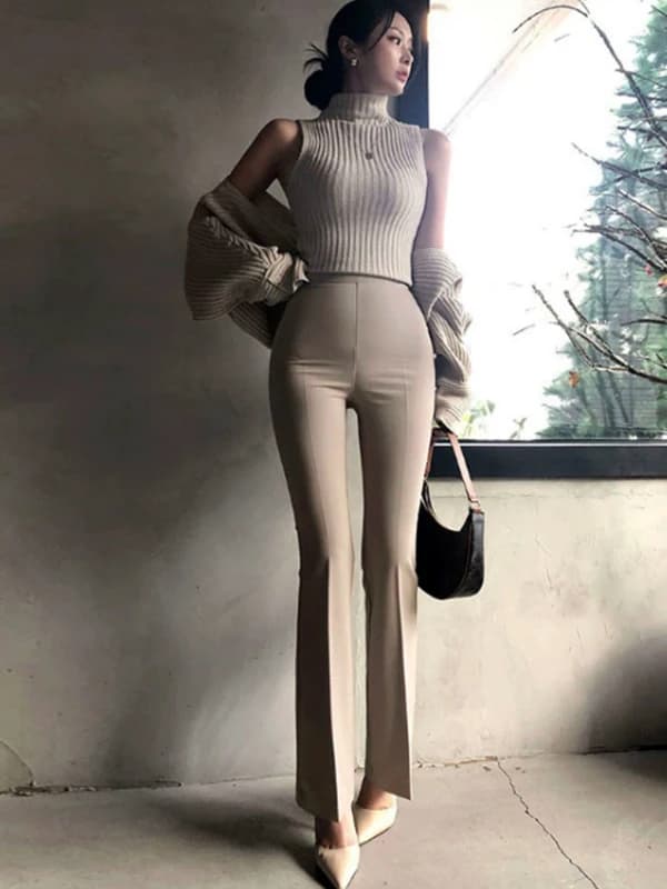 Fashionable Comfortable High Waist Flared Casual Pants Women's Trendy Commute Style Long Pants Polyester Viscose Spandex Blend