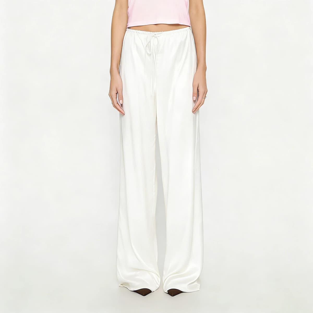 Women Satin Wide Leg Dress Pants Silk Casual Dressy Long Flowy Pants Elastic High Waisted Trousers