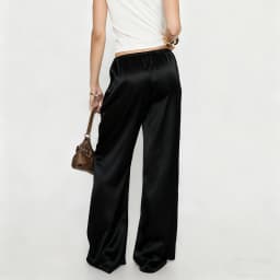 Women Satin Wide Leg Dress Pants Silk Casual Dressy Long Flowy Pants Elastic High Waisted Trousers