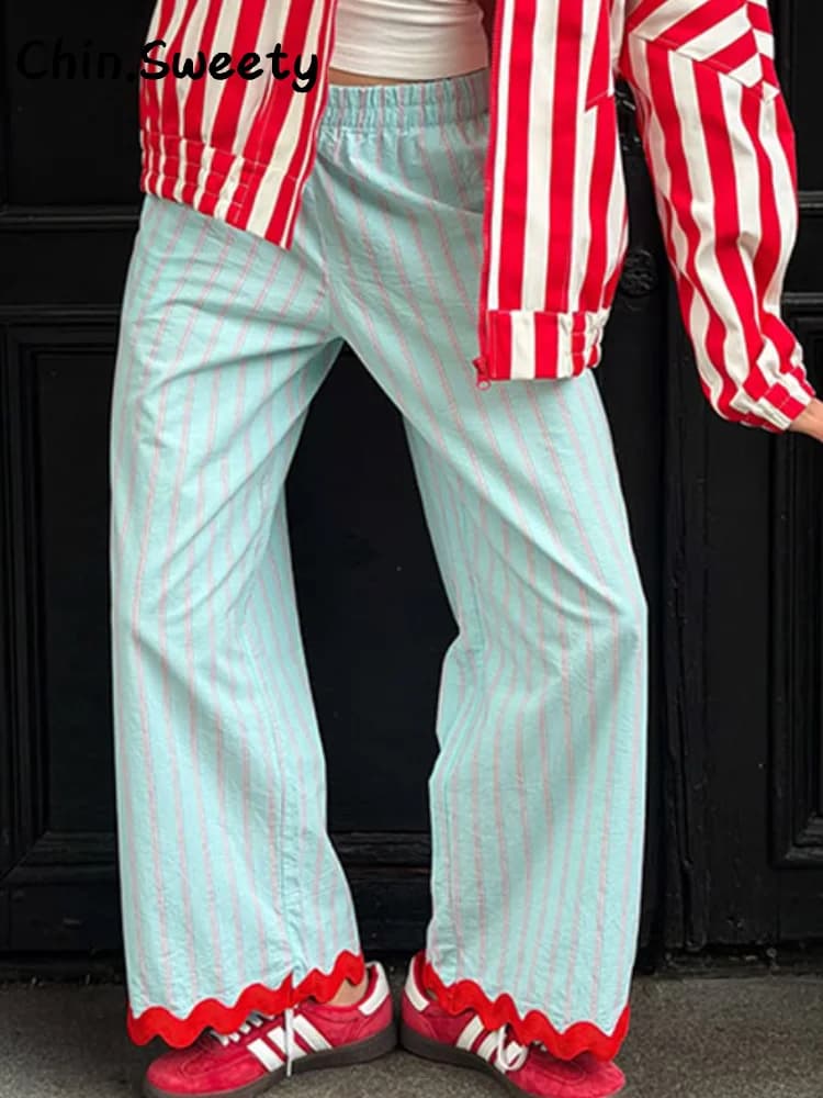 Casual Women's Striped Contrast Wave Cut Pants Loose Elastic Waist Pockets Wide Leg Female Trousers 2026 Lady All-match Pant