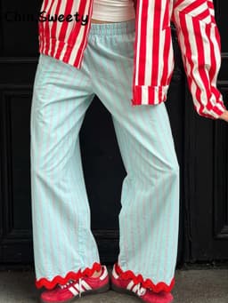 Casual Women's Striped Contrast Wave Cut Pants Loose Elastic Waist Pockets Wide Leg Female Trousers 2026 Lady All-match Pant