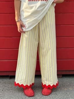 Casual Women's Striped Contrast Wave Cut Pants Loose Elastic Waist Pockets Wide Leg Female Trousers 2026 Lady All-match Pant